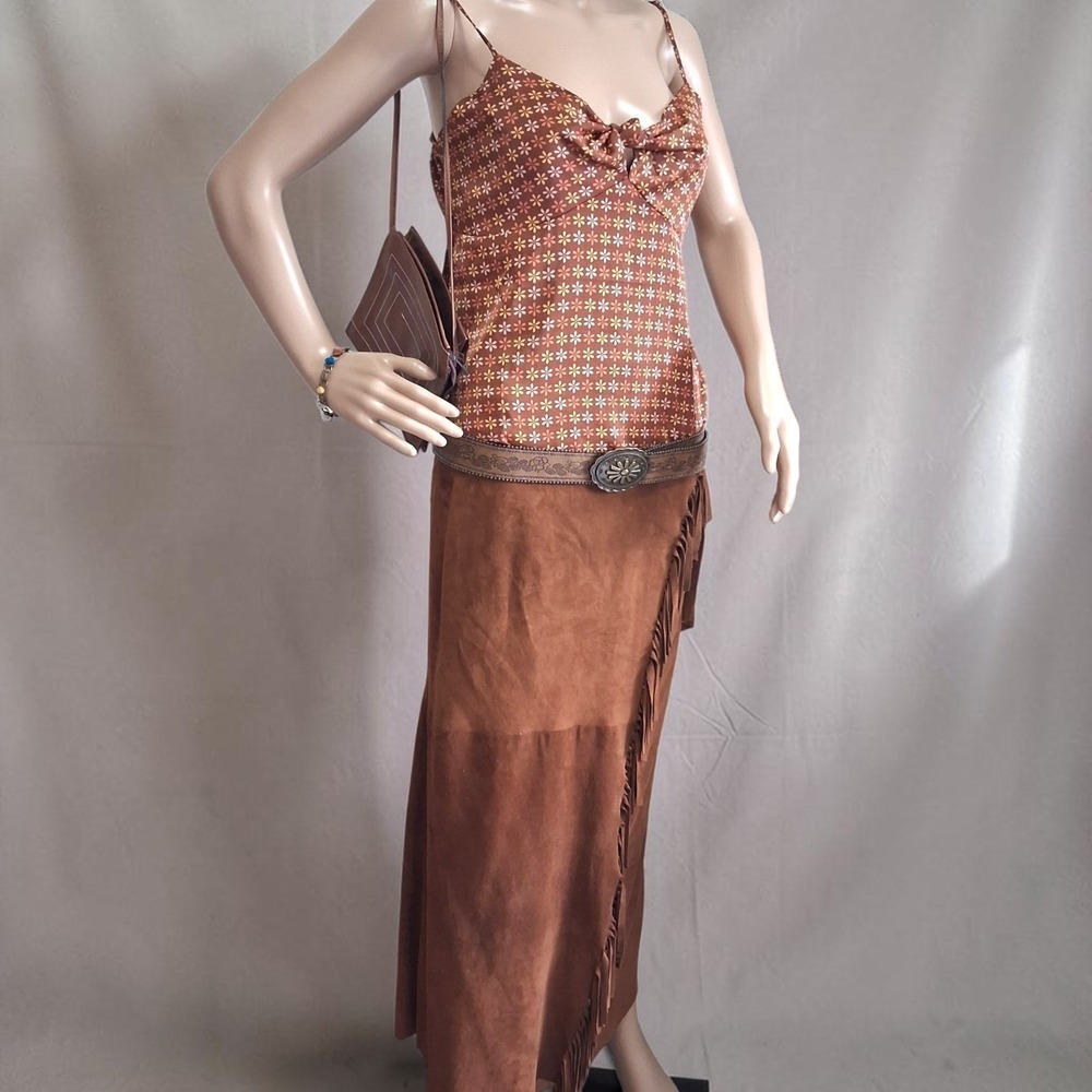 Retro 70s Y2 Floral Tie-Front Cami Top Brown Orange Micro Daisy S M